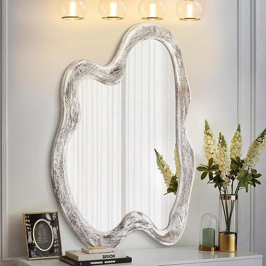 AAZZKANG Irregular Wall Mirror Wooden Large Asymmetrical 24"x16" Decorative Hanging Mirrors for Bedroom Dressing Room Living Room Bathroom Entryway White