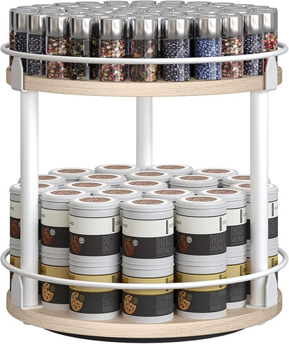Lazy Susan Organizer, Rotating Spice Rack, 2 Tier Spice Turntable Organizer, Industrial Turntable Spice Holder, for Kitchen Countertop, Compact and Versatile, White and Light Oak SR22WG