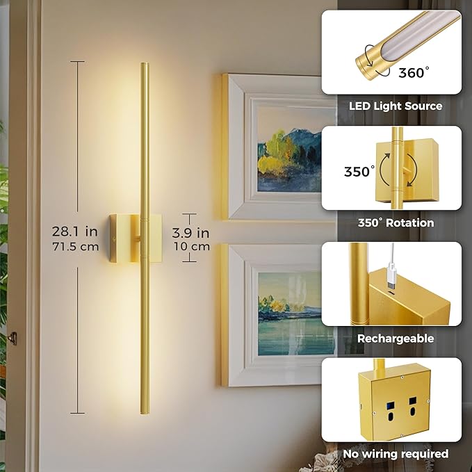 L LOHAS LED Battery Operated Wall Sconces Set of 2, Battery Wall Sconce 10000mAh, Gold Rechargeable Sconces 3CCT, 28.1 Inch Wireless Wall Lights, Sconce Wall Decor for Bedroom, Living Room