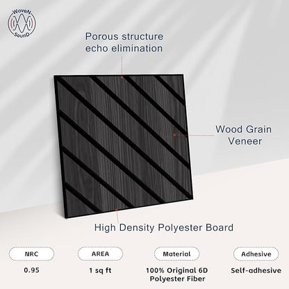 WoveN SounD Artisan Acoustic Wall Panels, 16 Pack 12x12 Inch, Wood Veneer Carved Sound Proof Wall Decor, Self-Adhesive for Home, Studio, Office & Focus Zones, Twill Pattern, Black Oak