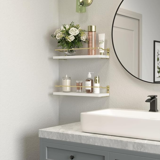 RICHER HOUSE Bathroom Shelves, Small Floating Wall Shelf for Bathroom Decor, Wall Mounted Wood Shelves, Bathroom Organizer Over Toilet Storage, Guard-Rail Kitchen Shelves Set of 2 - White Gold