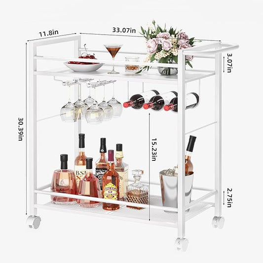 Bar Cart,Home Bar Serving Cart with Storage Shelves, 2 Tier Rolling Beverage Cart with Wheels, Modern Elegant White Wine Cart with Wine Rack and Glass Holder for Kitchen, Dinning Room,Living Room