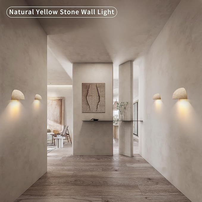Wabi-Sabi Art Lighting Fixture Nordic Modern Marble Wall Sconce, Half Moon Semi Circle Yellow Travertine Wall Lamp,Japanese Style Natural Stone Bedside Wall Light for Bedroom, Foyer, Entryway,Stairs