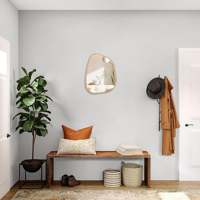Irregular Bathroom Mirror Modern Wall Mirror Asymmetrical Wooden Framed Wall Mirror Unique Shape Wall Mounted Vanity Artistic Mirror Decor for Living Room Bedroom Entryway Small 16