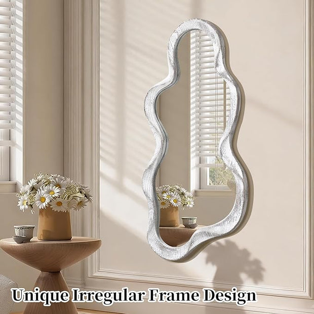 Asymmetrical Cloud Wavy Mirror - Large Irregular Wall Mirror with Modern Wood Frame - Decorative for Bedroom, Living Room, Bathroom, Entryway - White