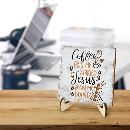 Inspirational Coffee Sign Rustic Desk Decor Decorative Christian Religious Bible Verse Faith Decoration for Home Farmhouse Bedroom Office Coffee Bar Table Shelf Tiered Tray Plaque with Wood Stand