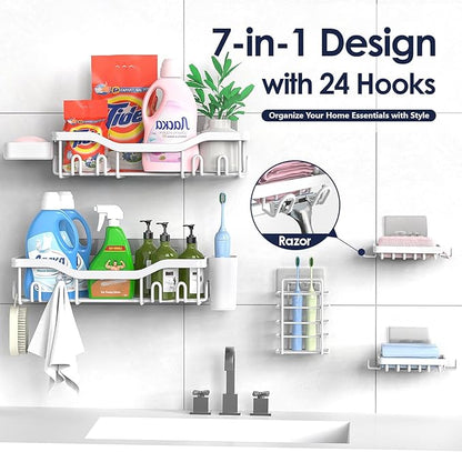 Shower Caddy Adhesive Shower Organizer 7-Pack, Rustproof Stainless Steel Bathroom Shelves, Large Capacity No-Drill Rack Storage Accessories with Soap Dish Toothbrush Holder Hooks