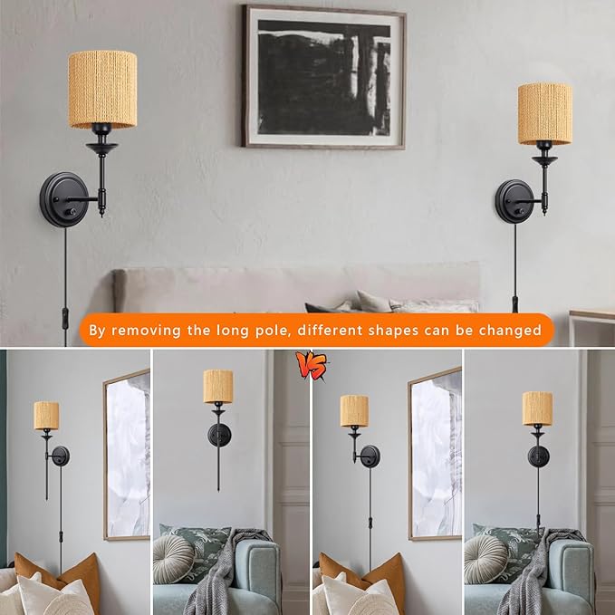 Rattan Plug in Wall Sconces Set of 2, Dimmable Vintage Black Wall Light with Dimmer Switch 6.5ft Electric Cord Wall Lamp for Bedroom Bedside Living Room ﻿