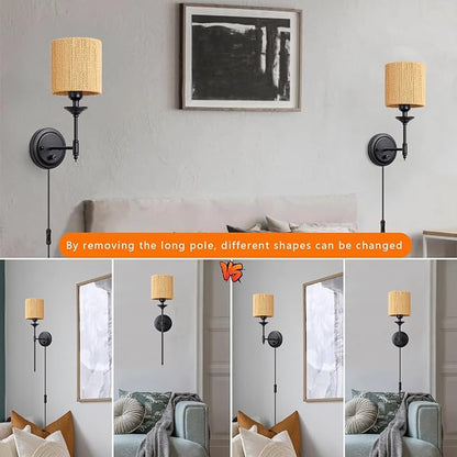 Rattan Plug in Wall Sconces Set of 2, Dimmable Vintage Black Wall Light with Dimmer Switch 6.5ft Electric Cord Wall Lamp for Bedroom Bedside Living Room ﻿