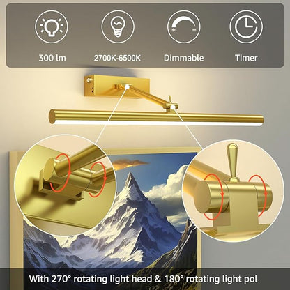 Mocalido 2 Pack Gold Picture Light Battery Operated for Wall 16in, 6 Colors Wireless LED Art Light for Painting with Remote, 5200mAh Dimmable Frame Lights for Gallery Library