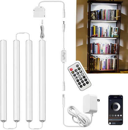 4pcs LED Display Case Cabinet Lights Plug in, Under Shelf Lighting 12 inch 12V 6000K Daylight White Dimmable Timer with Remote Smart App Control for Shelves Kitchen Counter Cupboard