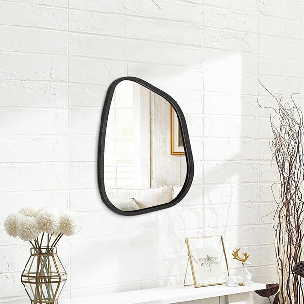 Asymmetrical Mirror for Wall Irregular Oval Wood Frame Modern Unique Wall Mirror Decorative Vanity Bathroom Living Room Bedroom Entryway Hallway Artistic Wavy Mirror Small 14"x10"