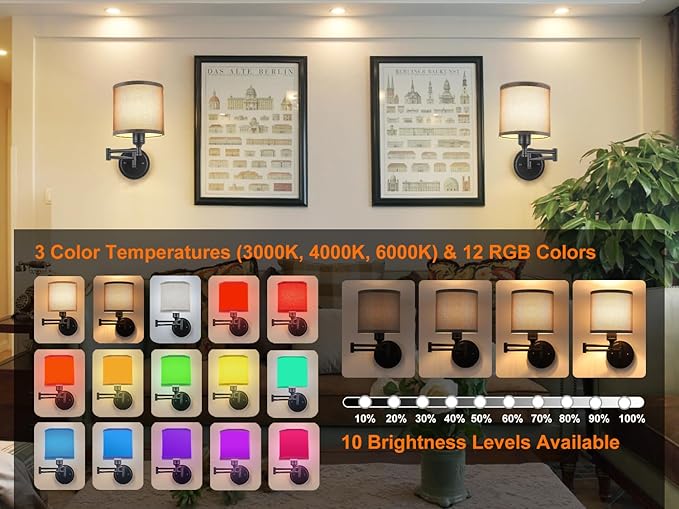 Battery Operated Wall Sconce with Remote Control, 15 Colors Dimmable Wireless Wall Sconces Set of Two, Rechargeable Cordless Wall Sconce Light, Swing Arm Wall Lamp with Grey Fabric Shade