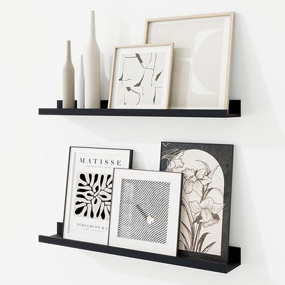 RICHFOCUS Picture Ledge Shelf, 24 inch Floating Shelves Set of 2, Wood Wall Shelves with Lip, Wall Decor Storage for Bedroom Living Room Bathroom Kitchen Nursery Photo Picture, Black