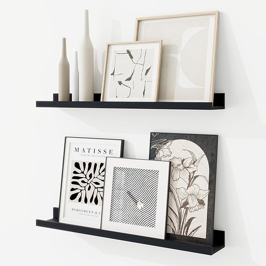 RICHFOCUS Picture Ledge Shelf, 24 inch Floating Shelves Set of 2, Wood Wall Shelves with Lip, Wall Decor Storage for Bedroom Living Room Bathroom Kitchen Nursery Photo Picture, Black
