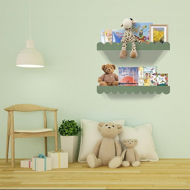 Nursery Book Shelves 20Inches, Scalloped Floating Shelves for Bedroom Kids, Nursery Shelves for Wall 2 Pack, Scalloped Shelf for Toddler Room, Baby Room, Sage, Large