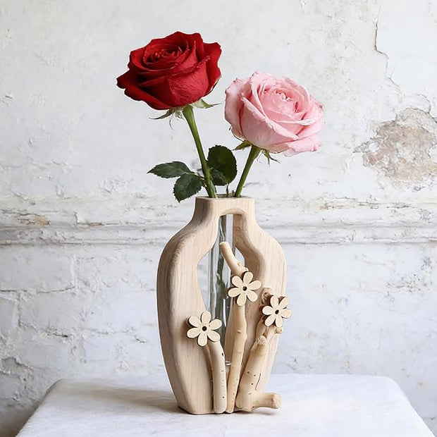 Artistic Wood Glass Vase,Wooden Base Cylindrical Flower Vase,Classic Boho Rustic Style for Fireplace Bedroom Kitchen Living Room Centerpieces Office Desk (Tall Vase)