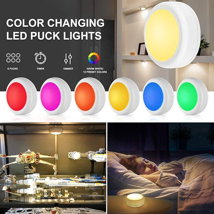 BLS LED Puck Lights with Remote Control, Wireless Under Cabinet & Closet Lighting, RGB 13 Color Changing Lights with Dimmer, Timer & AA Battery Operated, Push, Touch, Stick on for Night, White, 2 Pack