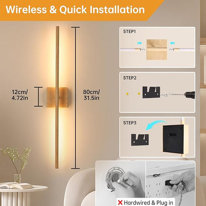 Battery Operated Wall Sconce Set of 2, 10400mAh Rechargeable Wall Sconces, 3000K-6000K Dimmable, 350°Rotate, Indoor Wall Lights for Bedroom Living Room, Original Wood, 31.5 Inch