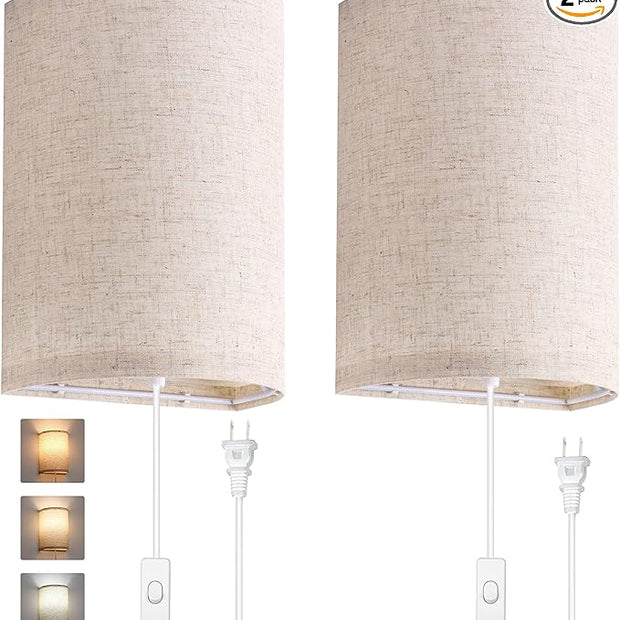 AVV Wall Sconces Set of Two, Wall Lamp Plug in with On/Off Switch, 2700K 4000K 5000K Selectable, Wall Lights for Bedroom, Living Room, Wall Decor for Bedroom, Fabric Linen Lamp Shades