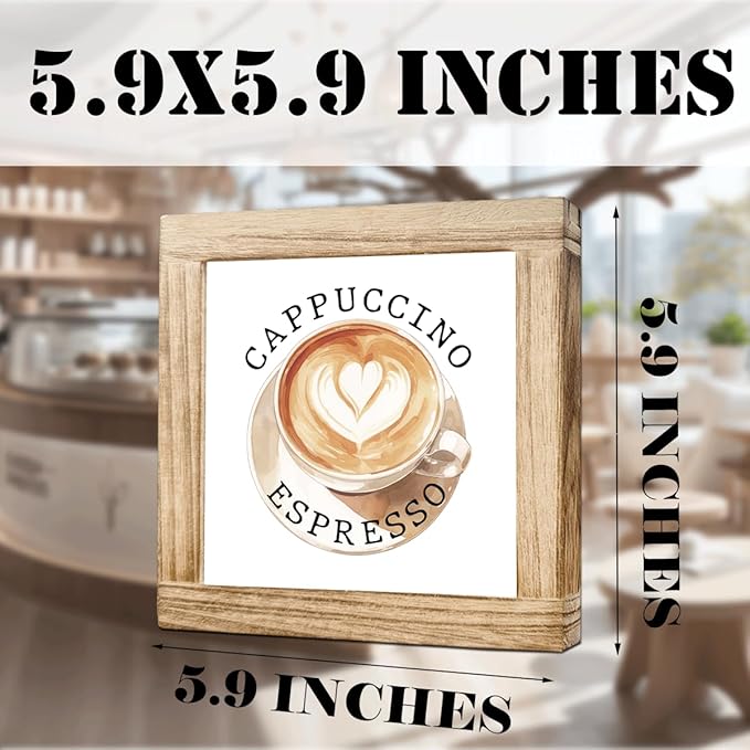 Coffee Decor sign Cappuccino Espresso Handmade Wooden Coffee Sign Rustic Cafe Wall Art For Kitchen Bar Office Decoration Gift For Coffees Connoisseurs Vintage Style Wood Cafe Decor 5.9x5.9 Inch