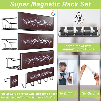 Magnetic Spice Rack for Refrigerator, 9 Pack Magnetic Fridge Shelves W/Adjustable Paper Towel Holder, Hook Rack, Moveable Spice Organizer Shelf for Kitchen Organization and Storage (Black)