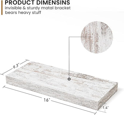 Fun Memories Deep Floating Shelves - 16" W x 9.3" D x 1.6" H Rustic Grey Wall Shelf - Wall Mounted Shelves for Storage - Wooden Shelves with Invisible Brackets for Living Room, Farmhouse - Set of 2
