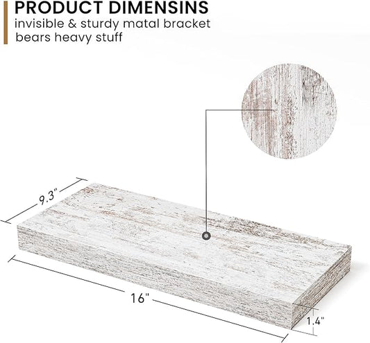 Fun Memories Deep Floating Shelves - 16" W x 9.3" D x 1.6" H Rustic Grey Wall Shelf - Wall Mounted Shelves for Storage - Wooden Shelves with Invisible Brackets for Living Room, Farmhouse - Set of 2