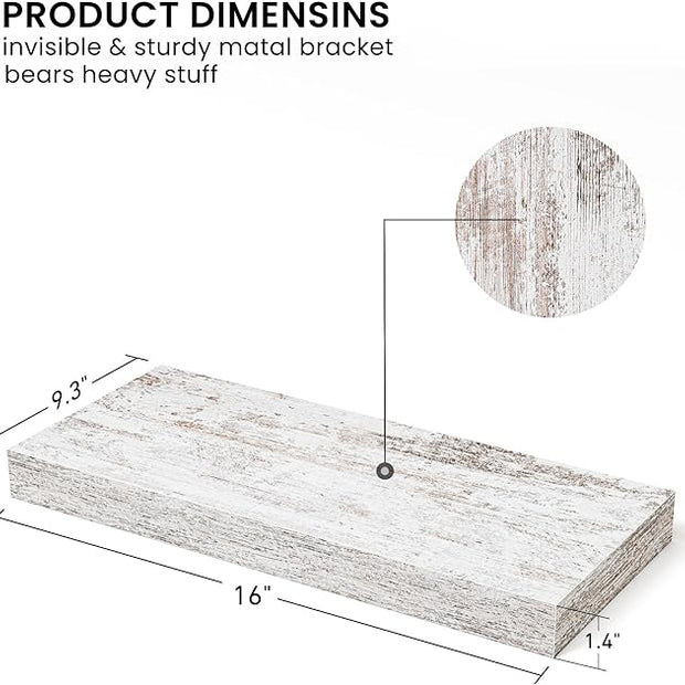 Fun Memories Deep Floating Shelves - 16" W x 9.3" D x 1.6" H Rustic Grey Wall Shelf - Wall Mounted Shelves for Storage - Wooden Shelves with Invisible Brackets for Living Room, Farmhouse - Set of 2