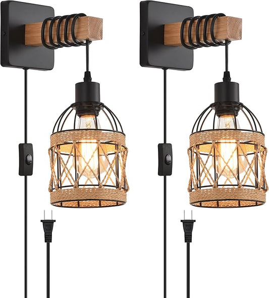 Rustic Wall Sconces Fixtures with Plug in Cord, Set of Two Indoor Vintage Rattan Wall Light Industrial Lamp Fixture Farmhouse Metal Sconces Light for Bedroom Bedside Living Room