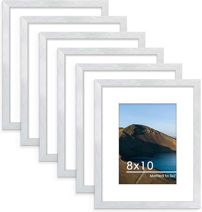 PEALSN 8x10 Picture Frame Set of 6, Display Pictures 5x7 with Mat or 8x10 without Mat for Wall Mounting or Table Top Display, Photo Frames Collage for Wall Decor, Silver.