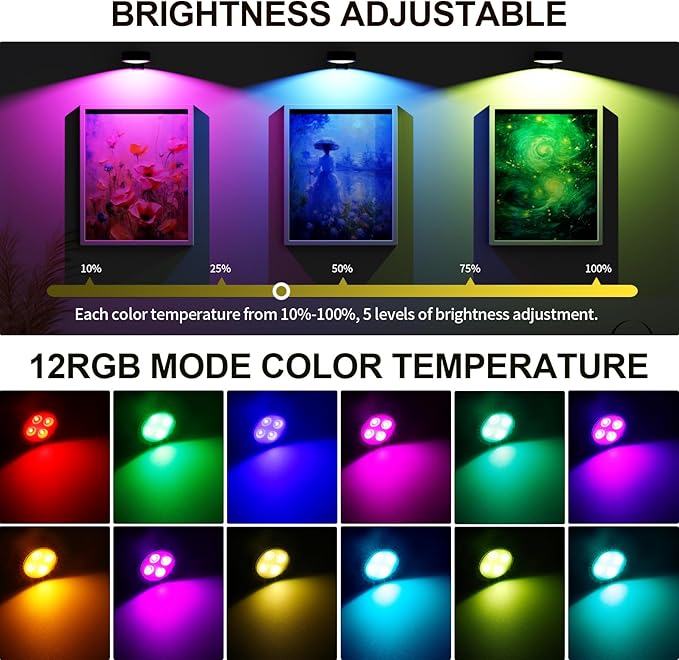3 Pack Picture Lights for Wall, 13 RGB Color Rechargeable Battery Operated wall lights, Picture Frame lights with 3 Lighting Modes, Wireless Magnetic Painting Light with Remote Control Timer, (Black)