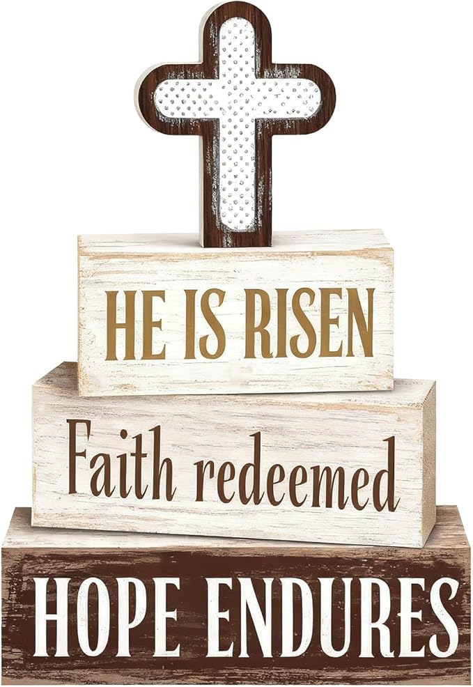 Easter Decorations - He Is Risen Cross Tiered Tray Decor - Faith Redeemed Religious Wooden Tabletop Sign - Farmhouse Easter Christian Home Decor Indoor - Spring Home Decor for Living Room, Kitchen Counter, Seasonal Farmhouse Display