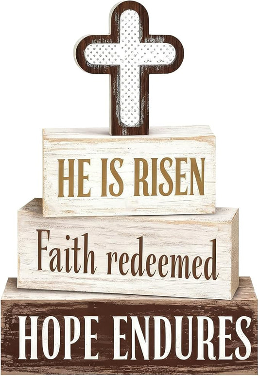 Easter Decorations - He Is Risen Cross Tiered Tray Decor - Faith Redeemed Religious Wooden Tabletop Sign - Farmhouse Easter Christian Home Decor Indoor - Spring Home Decor for Living Room, Kitchen Counter, Seasonal Farmhouse Display