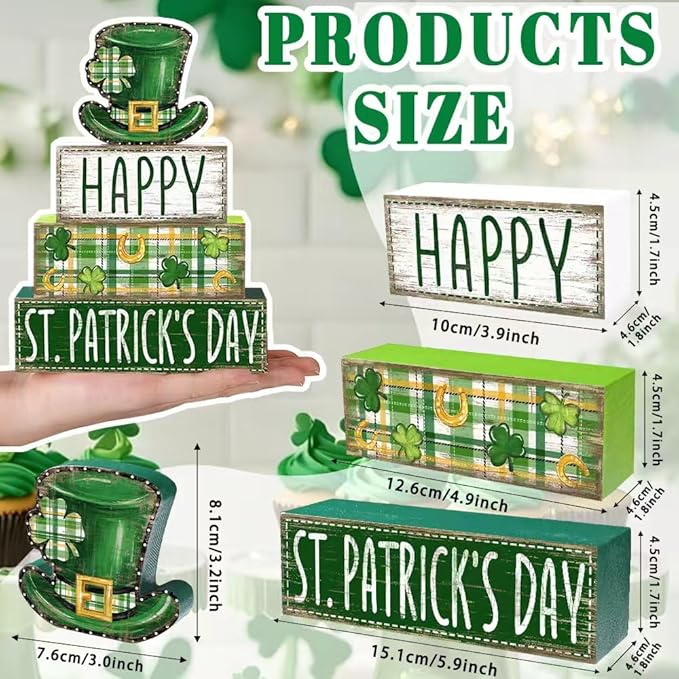 DIYDEC 4Pcs St.Patrick's Day Table Decoration Shamrocks Hat Wooden Block Signs Rustic St. Patrick Tiered Tray Decor Happy St.Patrick's Day Centerpiece Sign for Farmhouse Holiday Tabletop Party Decor