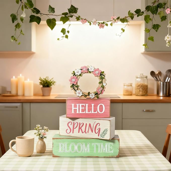 Spring Decoration Wooden Tiered Tray Decor – Rustic Hello Spring Bloom Time Stacked Block Sign with Floral Wreath Topper – Farmhouse Tabletop Spring Decor for Living Room Shelf Kitchen Coffee Bar Entryway Seasonal Home Display