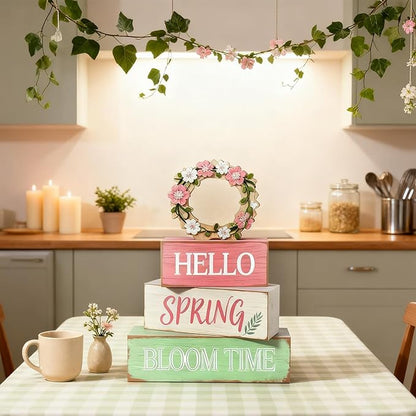Spring Decoration Wooden Tiered Tray Decor – Rustic Hello Spring Bloom Time Stacked Block Sign with Floral Wreath Topper – Farmhouse Tabletop Spring Decor for Living Room Shelf Kitchen Coffee Bar Entryway Seasonal Home Display