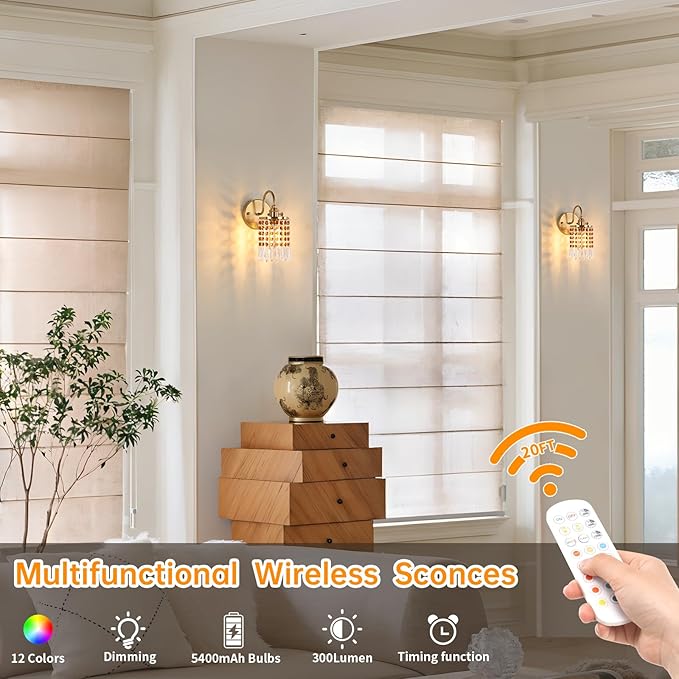 Set of 2 Crystal Battery Operated Wall Sconce, Rechargeable Battery Powered Wall Lamp with Remote Control, Modern Dimmable Wall Lights for Bedroom Bathroom(Tawny, Gold Base)