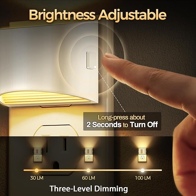 DORESshop LED Night Light[4 Pack], Night Lights Plug into Wall, 3 Level Brightness Adjustable Plug in Night Light, Dusk to Dawn Sensor Nightlights for Adults,Bedroom,Bathroom,Hallway,3000K Warm White