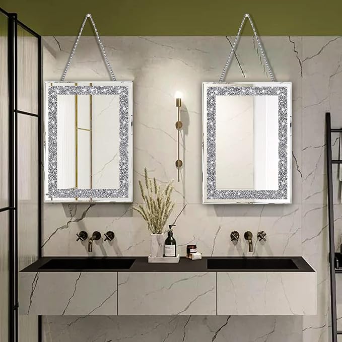 2 Piece Wall Mirrors, Crush Diamond Wall Décor Silver Decorative Mirrors for Living Room , Bedroom, Bathroom. (11”x15”)