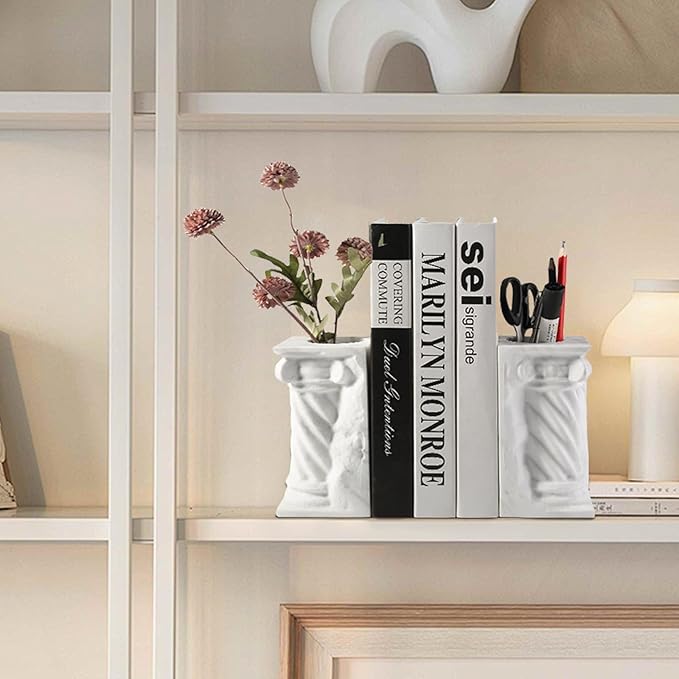 Decorative Roman Column Book Ends & Vase - Heavy Duty Marble Book Ends for Heavy Books, Vintage Home Office Decor, Dual Use as Flower Vase, Natural Stone Bookends for Shelves (2PC, White)