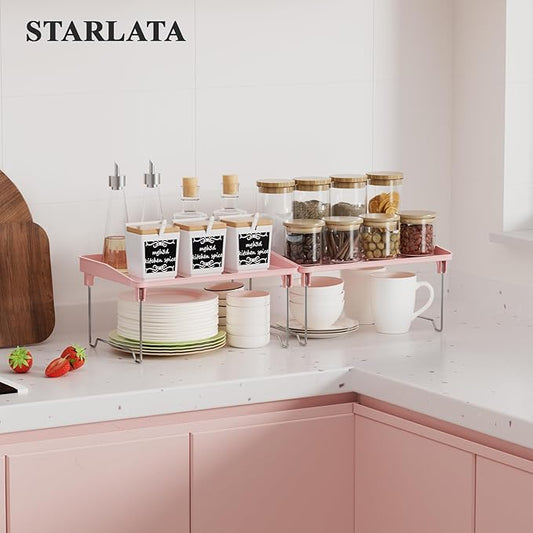 2 Pcs Cabinet Organizer Shelf，Stackable Kitchen Counter Shelves, Spice Rack,Countertop Organizers，Pink Plastic Storage Shelves Rack for Makeup，Bathroom, Cupboard，Desk，Pantry Organization