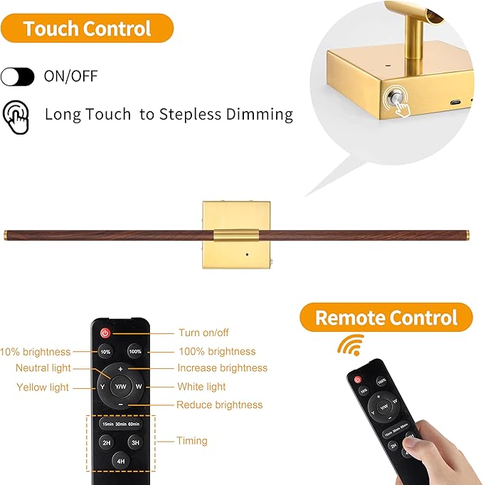 Walnut Battery Operated Wall Sconce with Remote Control, Rechargeable Wall Sconces Set of 2, LED Wireless Wall Light, 24″ Modern Sconce Wall Decor for Background Wall, Bedroom, Living Room