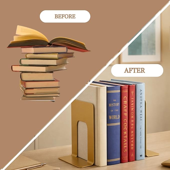 Alessk 6 Pieces Dark Matte Gold Bookends for Shelves, Heavy Duty Metal Bookends Supports Heavy Books, Decorative Gold Stops for Home or Office Decoration - 3 Pairs.