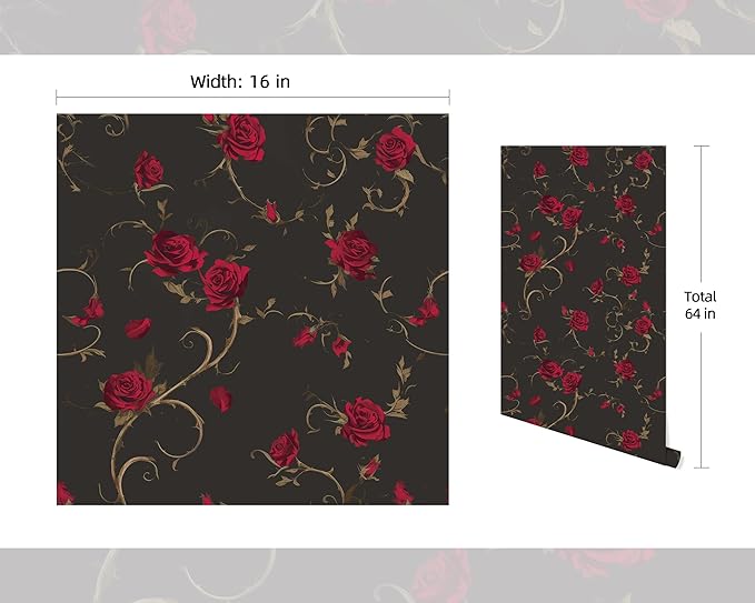 FLFK Gothic Rose Floral Wallpaper Peel and Stick 16in x 64in Wall Paper for Walls, Kitchen, Bathroom, Bedroom, Living Room, Dining Room, Office, Home Decor