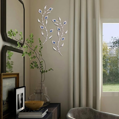 sxnzequnze 2 Pcs Metal Leaf Wall Art Crystal Bling Decorations Silver Leaves 3D Iron Handmade Home Decor Hanging Minimalist Accents Modern Set for Living Room Bathroom Bedroom Dining Room Hallway