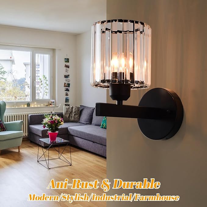 TISLYCO Black Wall Sconces Set of 2, Bathroom Wall Lighting Fixtures Over Mirror, Vanity Light, Modern Glass Shade Wall Lamp Black Indoor Decor for Bedroom Living Room Entryway