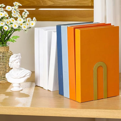 Chunful 2 Pcs Modern Metal Book Ends for Shelves Decorative Small Bookends Book Shelf Organizer Minimalist Design Stopper to Hold Books for Home Office (Gold,5.5 * 3.75 * 2.25inch)