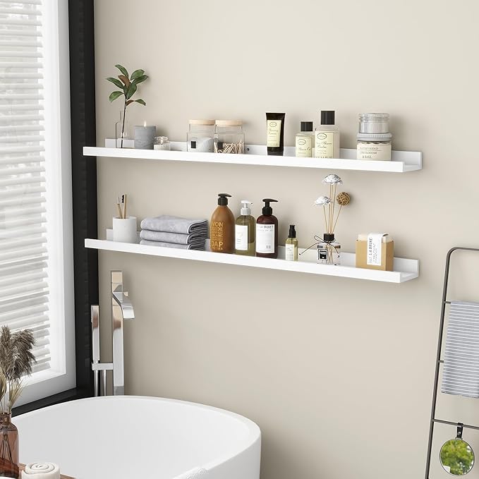 Picture Ledge Shelf, Floating Shelves Set of 2, Solid Ash Wood 48'' Long Large Nursery Book Shelves for Toys Storage, Kids Bookshelf for Living Room Bedroom Decor Books Photo Frames, White