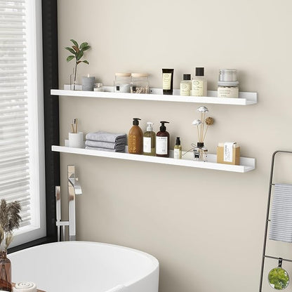 Picture Ledge Shelf, Floating Shelves Set of 2, Solid Ash Wood 48'' Long Large Nursery Book Shelves for Toys Storage, Kids Bookshelf for Living Room Bedroom Decor Books Photo Frames, White